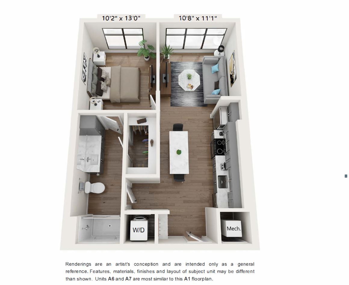 A 3D image of the A6 floorplan, a 755 squarefoot, 1 bed / 1 bath unit