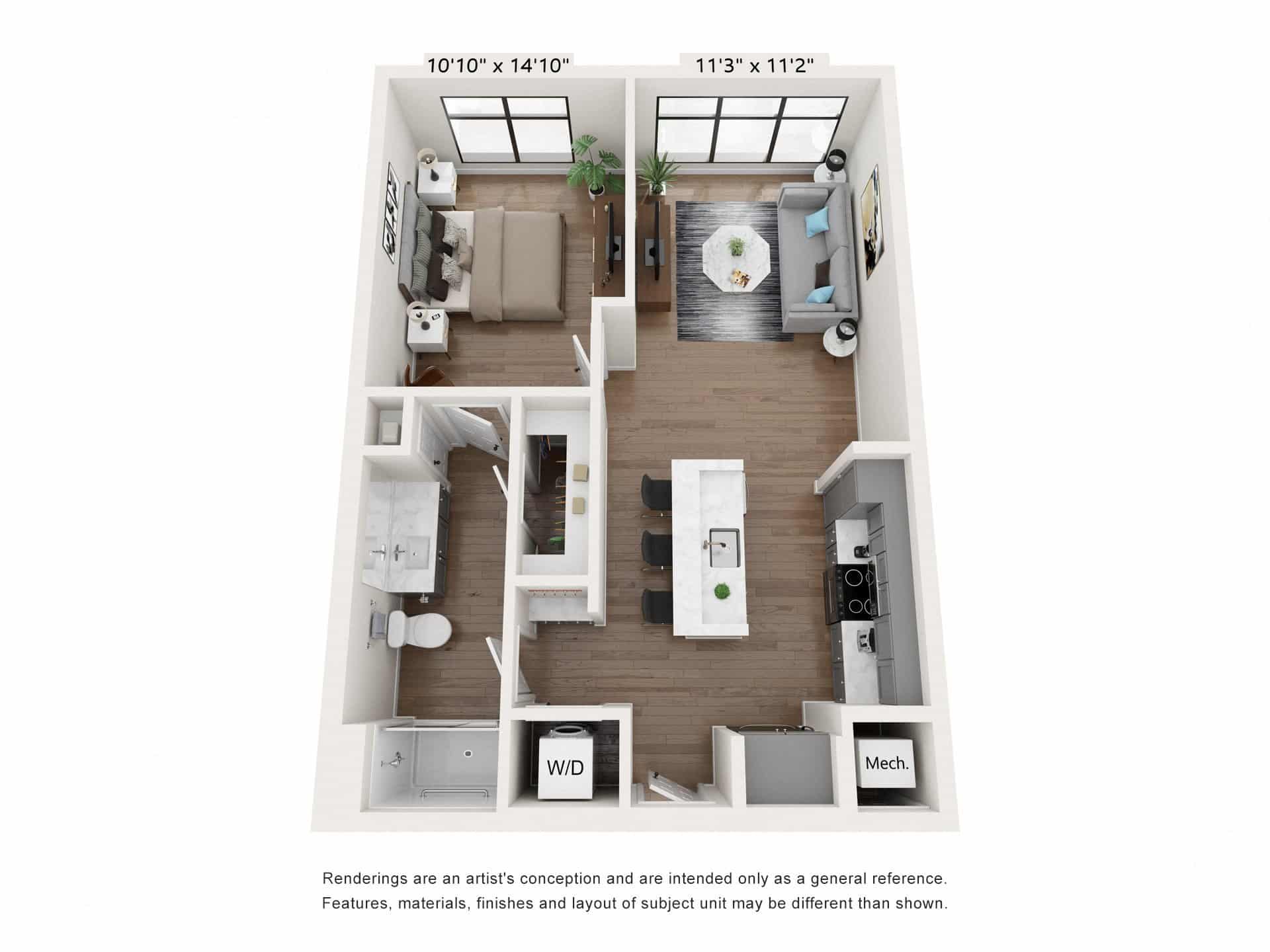 A 3D image of the A2 – Affordable floorplan, a 739 squarefoot, 1 bed / 1 bath unit