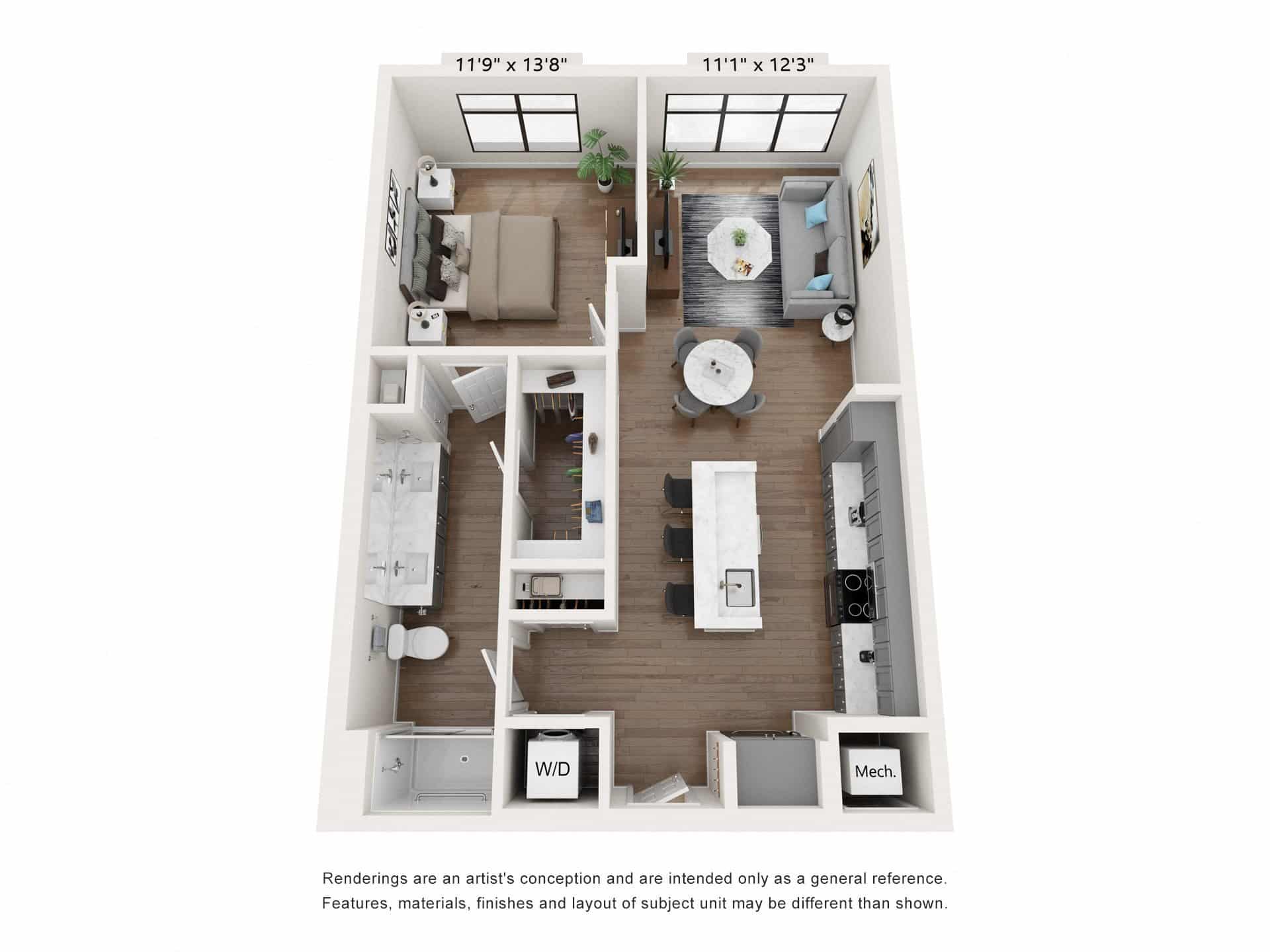 A 3D image of the A3 – Affordable floorplan, a 819 squarefoot, 1 bed / 1 bath unit