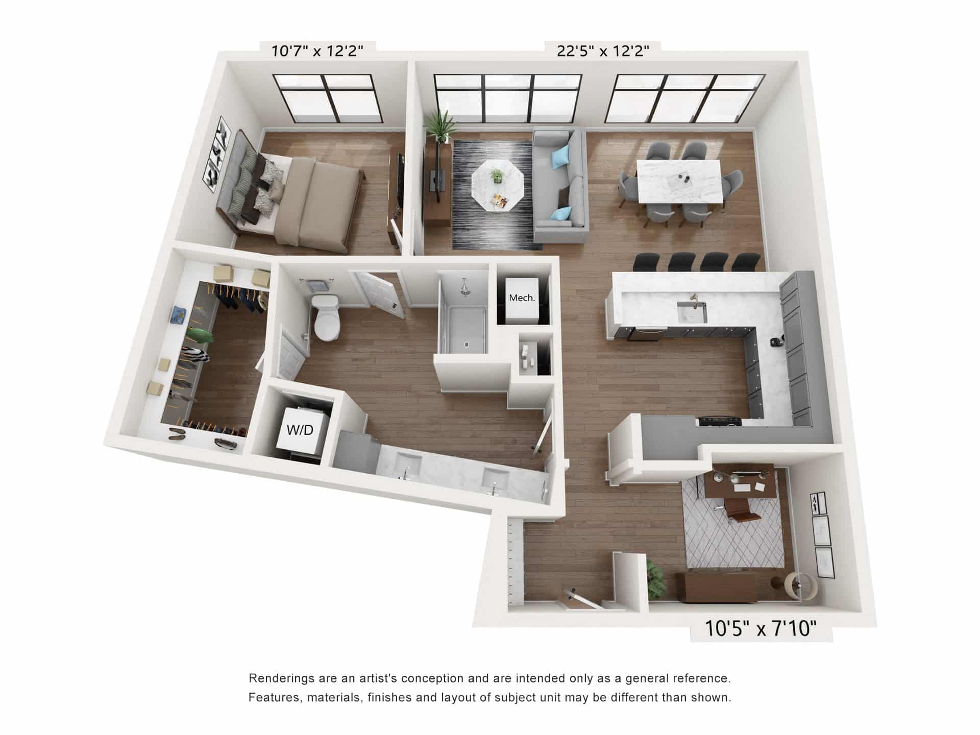 A 3D image of the A5 – Affordable floorplan, a 1049 squarefoot, 1 bed / 1 bath unit