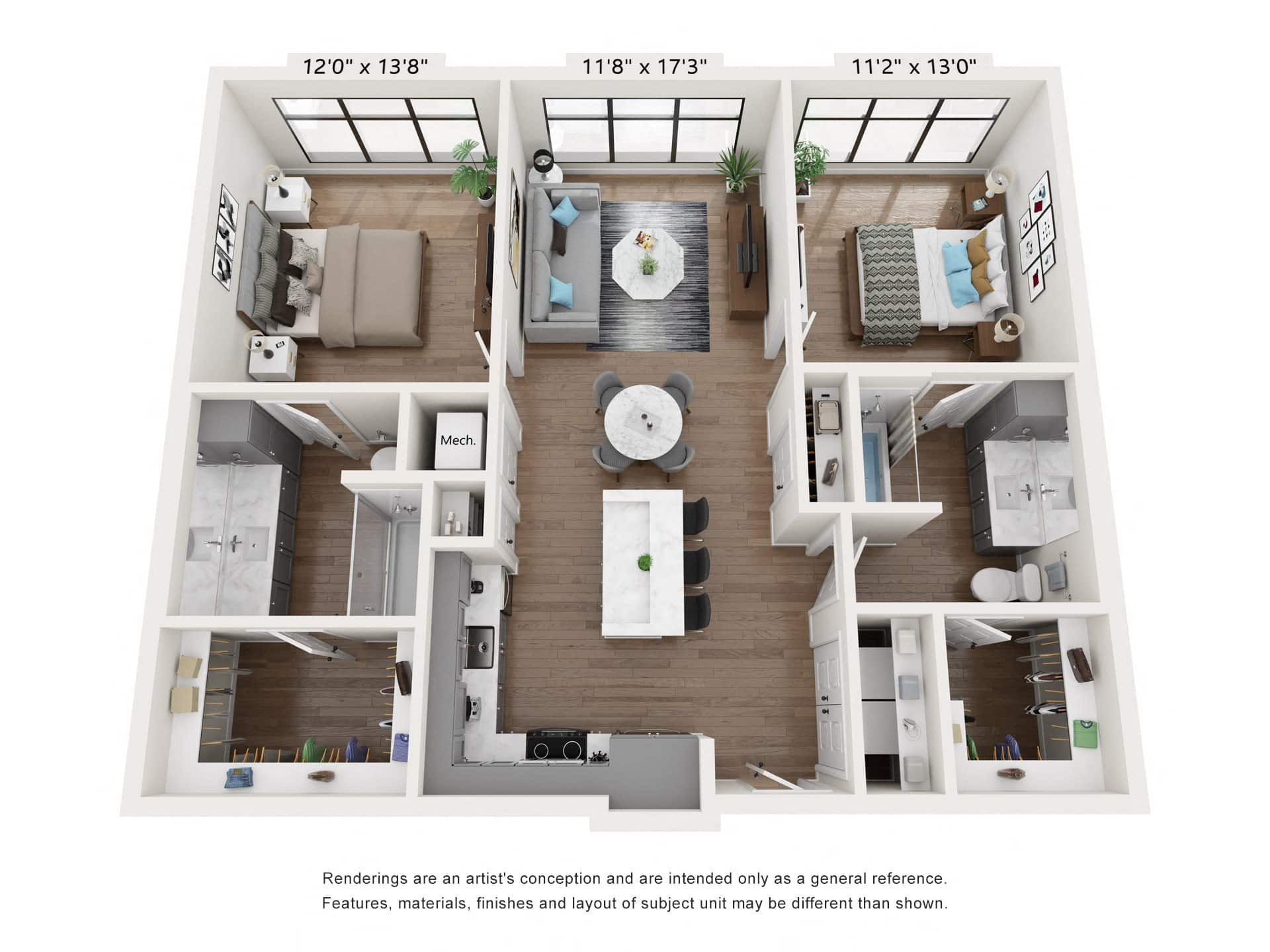 A 3D image of the B1 floorplan, a 1086 squarefoot, 2 bed / 2 bath unit