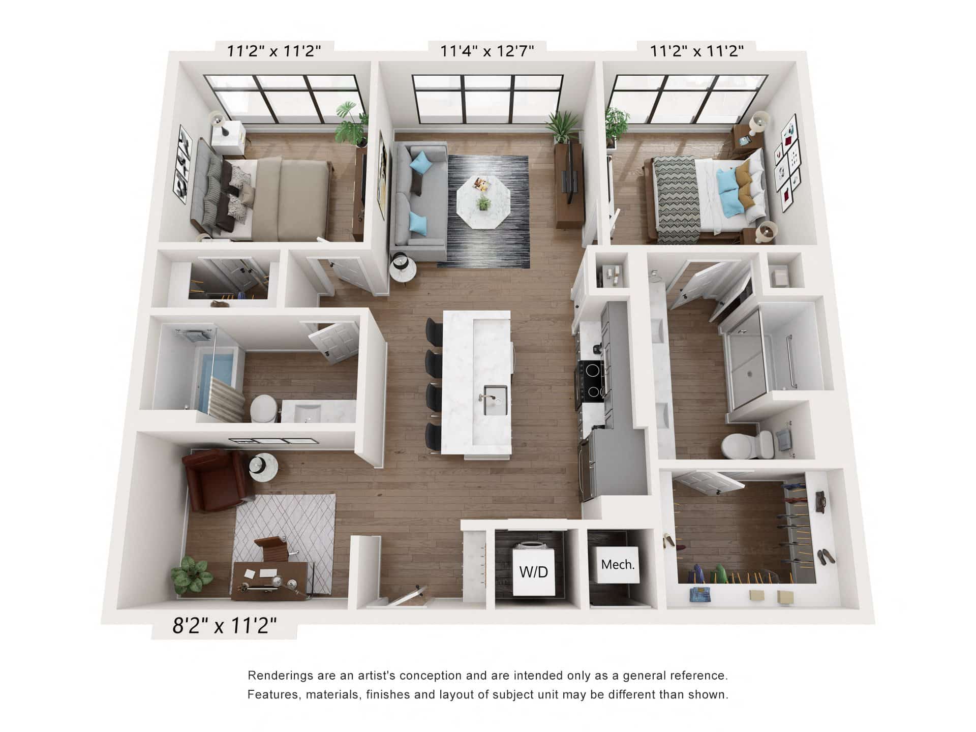 A 3D image of the B2 – Affordable floorplan, a 1100 squarefoot, 2 bed / 2 bath unit