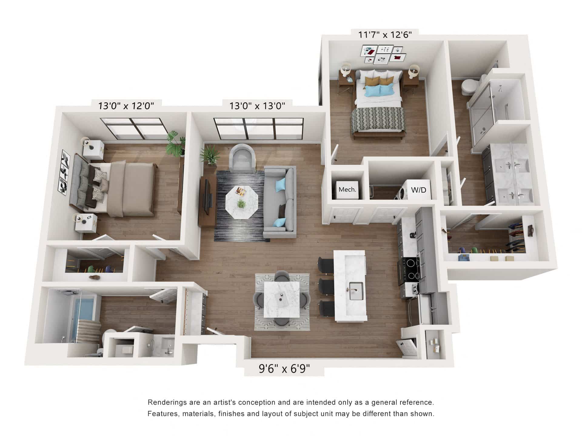 A 3D image of the B3 floorplan, a 1295 squarefoot, 2 bed / 2 bath unit