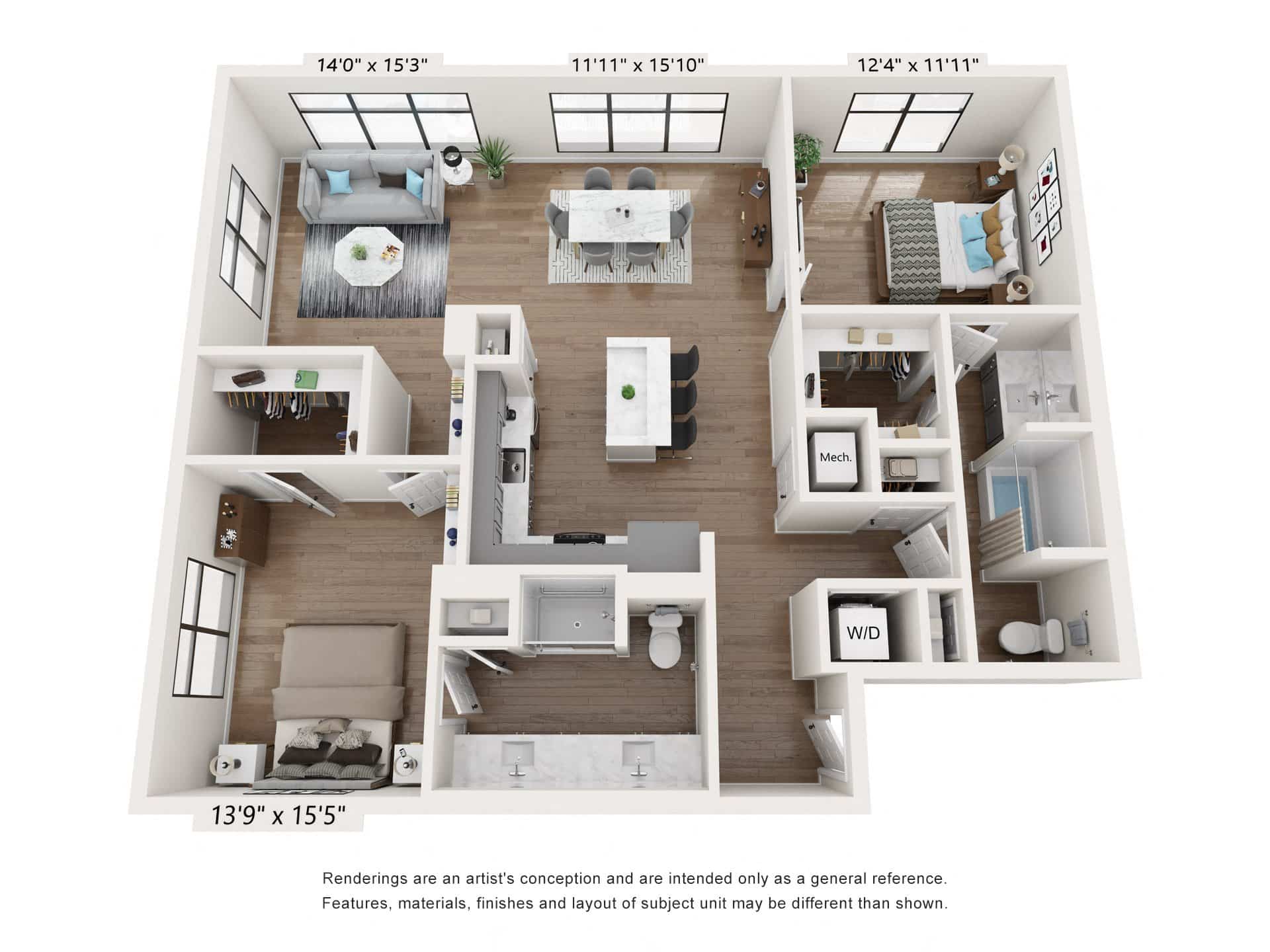 A 3D image of the B4 floorplan, a 1326 squarefoot, 2 bed / 2 bath unit