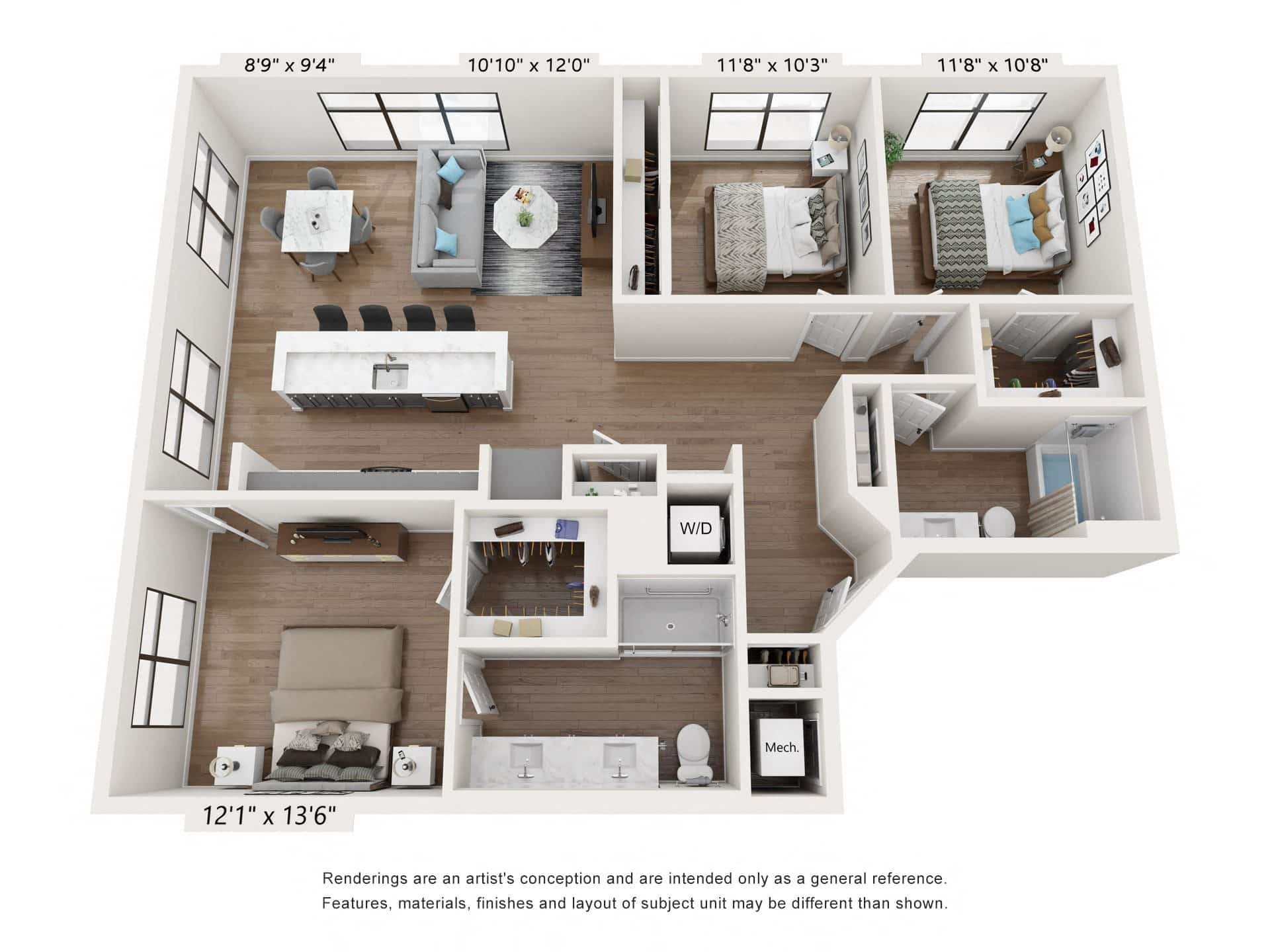 A 3D image of the C1 – Affordable floorplan, a 1374 squarefoot, 3 bed / 2 bath unit