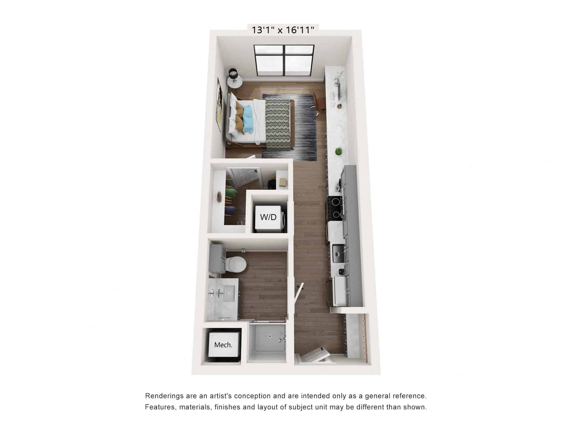 A 3D image of the S1 – Affordable floorplan, a 415 squarefoot, 0 bed / 1 bath unit