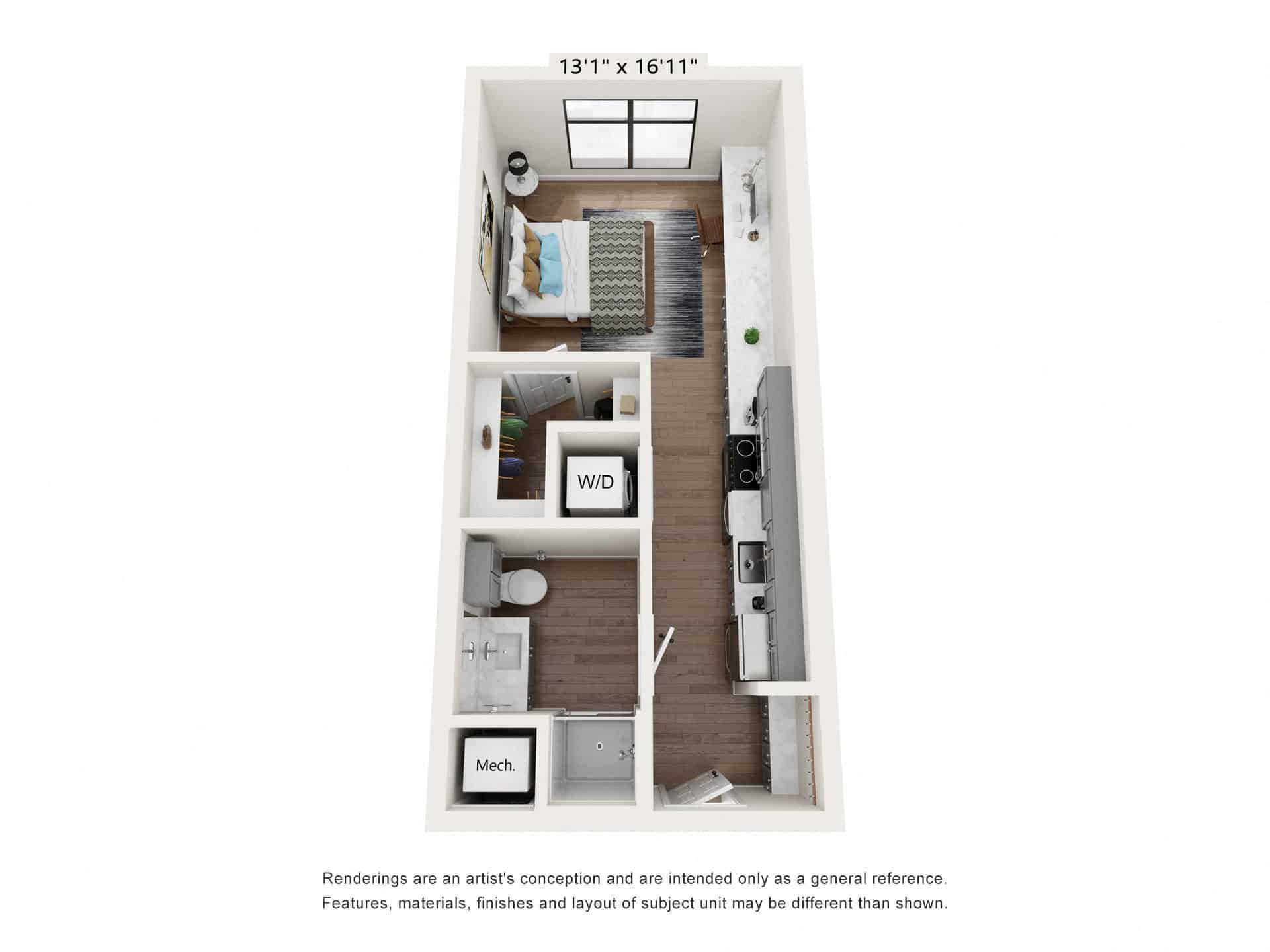 A 3D image of the S1 floorplan, a 415 squarefoot, 0 bed / 1 bath unit