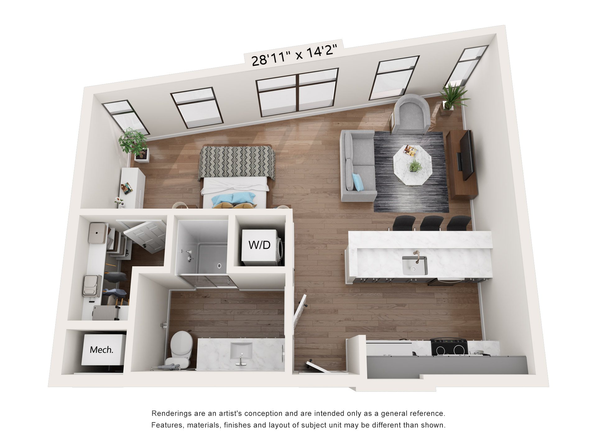 A 3D image of the S2 – Affordable floorplan, a 593 squarefoot, 0 bed / 1 bath unit