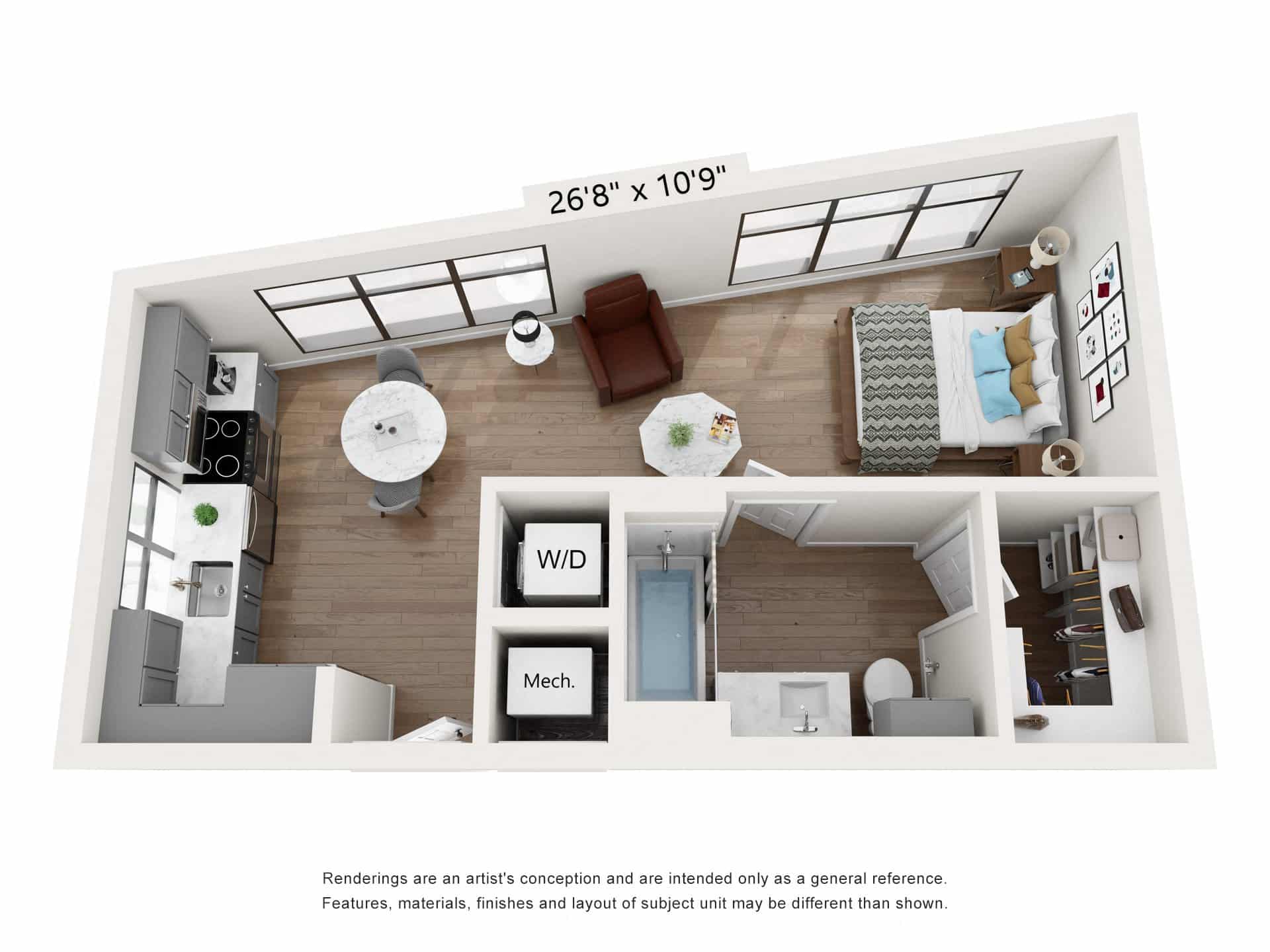 A 3D image of the S3 floorplan, a 486 squarefoot, 0 bed / 1 bath unit